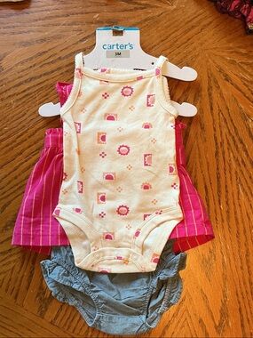 Carter's Cream Onesie Set with Pink Accents & Blue Bloomers